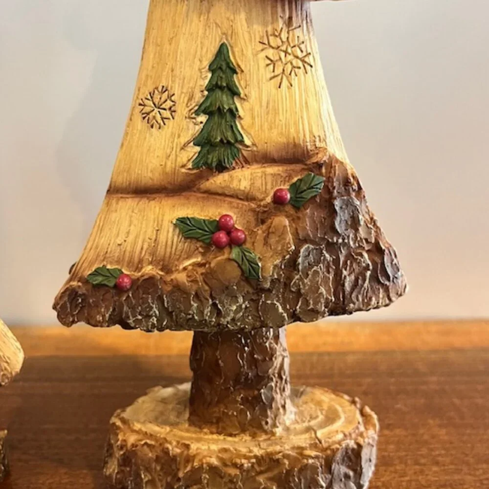 Pair of Resin Wood Look Rustic Carved Trees with Trees Snowflakes Cabin Holly
